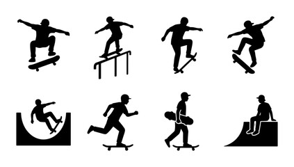 Skateboarder Silhouettes, Extreme Sports Action Icons, Urban Street Culture Vector Set, Dynamic Skateboarding Moves Collection © Rafa