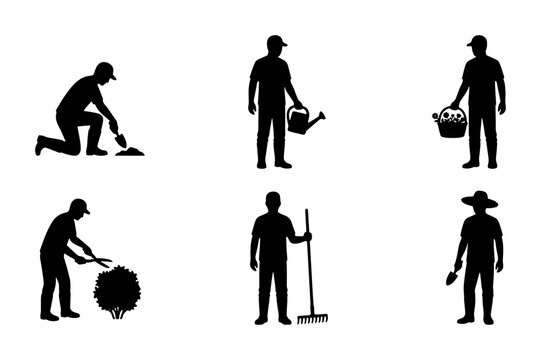 Gardening Silhouettes, 6 Icons Set: Gardener Planting, Watering, Weeding, Pruning, Raking, and Digging Vector Graphics for Outdoor Work and Horticulture