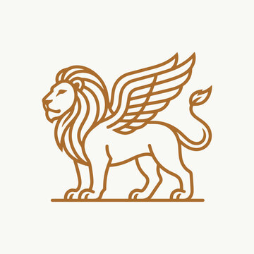 Gold outline illustration of a majestic winged lion.