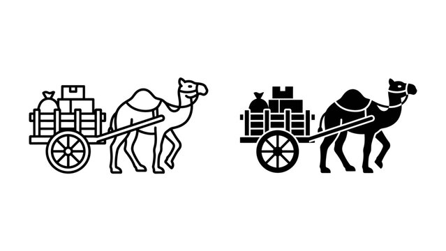 Camel Caravan Icon: A stylized illustration depicting a camel pulling a cart laden with goods, representing transport and trade in arid regions, shown in both outline and silhouette.
