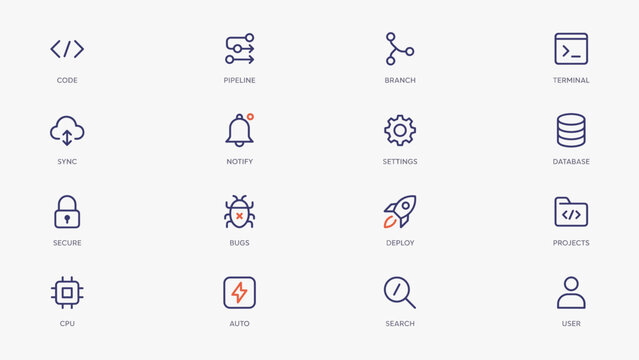 Flat geometric software development UI icon sheet &ndash; Excellent for product roadmap graphics, coder portfolios, or IT operations.
