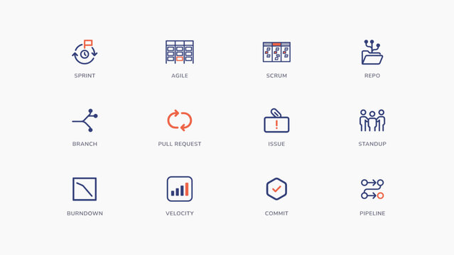 Software sprint repository and scrum board line icon sheet &ndash; Ideal for collaborative workspaces, product development, or tech roadmaps.