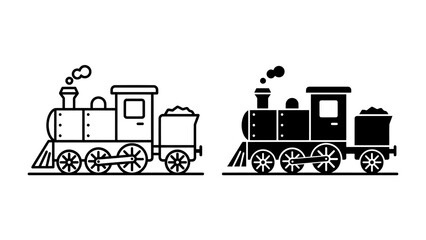 Vintage Locomotive Icons: A set of two vintage steam locomotive icons, one in outline and one in solid silhouette, depicting a classic train with smoke puffing from its chimney and coal in its tender. © Al