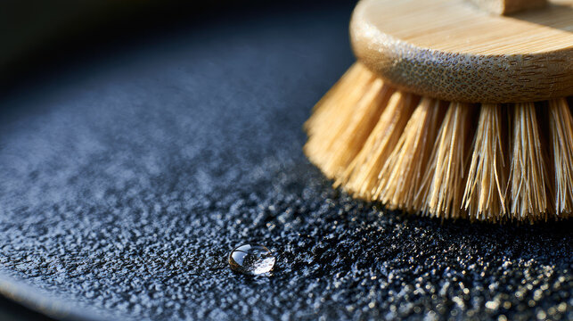 Natural bamboo brush cleaning cast iron skillet surface with water droplet and dark texture, bright minimal kitchen light