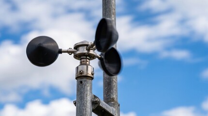Fototapeta premium Spinning Cup Anemometer Weather Station Black Cups Rotating Wind Macro Measurement