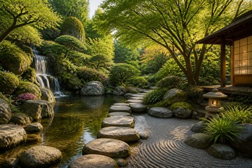 Fototapeta premium Stone stepping path through japanese garden with waterfall