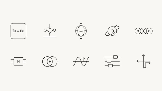 Charcoal linear Schr&ouml;dinger equation and physics icon pack &ndash; Ideal for physics education, scientific software, or technical layout.