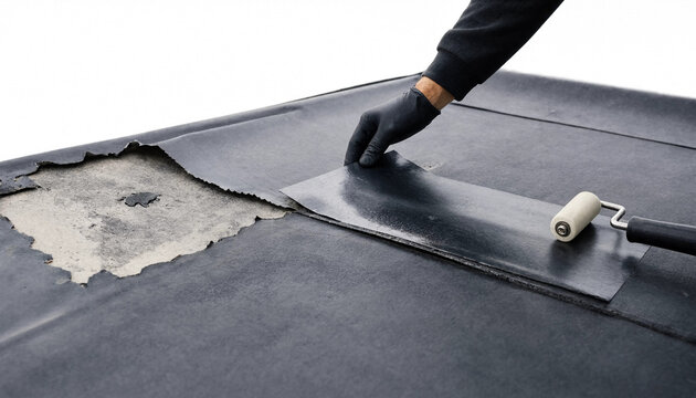 Person Applying Roofing Membrane Patch Using Paint Roller transparent background