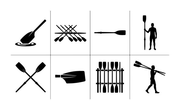 Oar and Paddle Icons Set, Rowing and Canoeing Equipment Vector Graphics, Nautical and Water Sports Symbols Collection