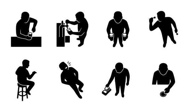 Barista and Bartender Icons: Coffee Making, Serving Drinks, and Customer Interactions, Top View Silhouettes
