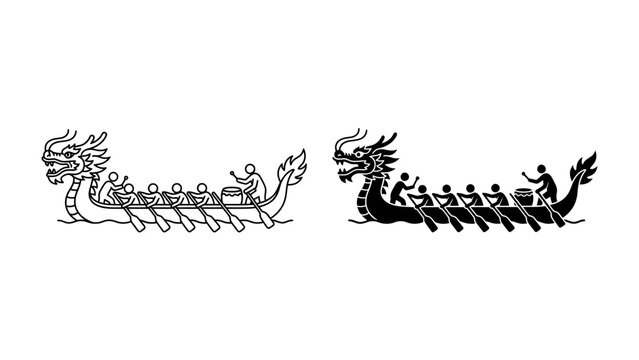 Dragon Boat Race: A striking illustration depicting a dragon boat with a fierce dragon head prow and a team of rowers paddling in unison, symbolizing strength and teamwork.