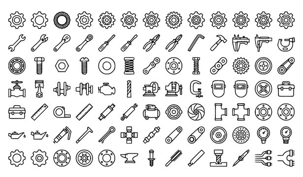 Mechanical Parts and Engineering Tool Line Icons Vector Set with Gears Wrenches and Industrial Components