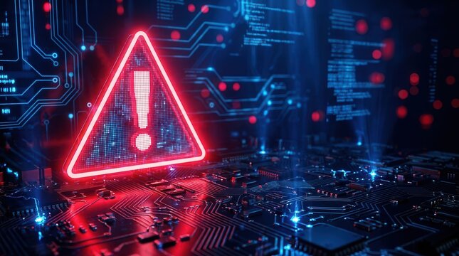 Red software error warning sign appearing on a digital circuit board during a system crisis.