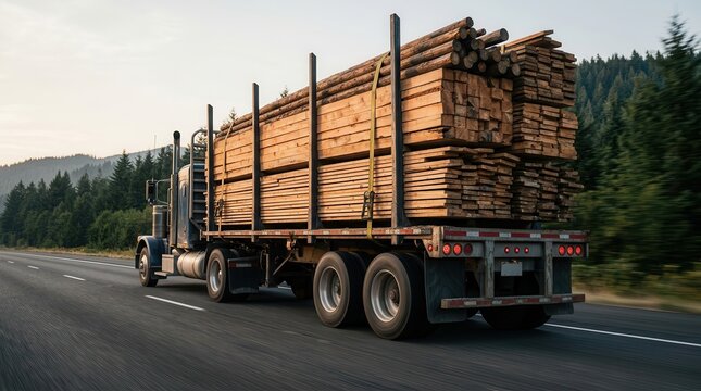 A large logging truck carrying a heavy load of cut timber and wooden planks on an open road.