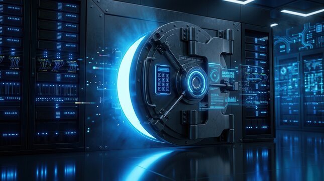 Futuristic cyber vault door with a digital combination lock for encrypted data storage security.
