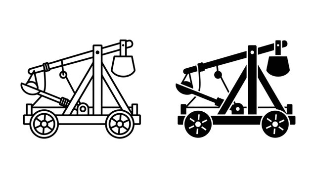 Medieval Siege Weapon Icon: A silhouette of a catapult, a historical siege engine used in warfare, is depicted in both outline and solid black form.