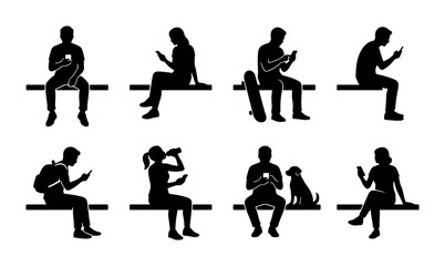 Diverse Silhouettes: People, Dog, Skateboard, Phone Use, Drinking, Backpack, Sitting Poses, Vector Icons © Mina