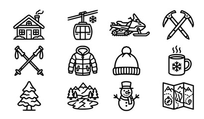 Winter Resort and Mountain Mountaineering Adventure Line Icon Set with Wooden Chalet, Gondola Lift, Snowmobile, Ice Axes, Ski Poles, Puffer Jacket, Beanie, Hot Mug, Pine Tree, Snowman, and Folded Map  © MDmasum
