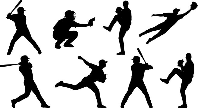 Set of black baseball player silhouettes in action poses including pitching batting and catching for sports design