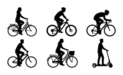 Obraz premium Diverse Bicycle and Scooter Silhouettes, 6 Vector Icons: Cyclists, Commuters, Urban Mobility, Active Lifestyle