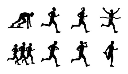 Obraz premium Running Silhouettes Collection, Athletic Poses Set, Marathon Runners Vector Graphics, Sprinting Action Icons, Fitness Endurance Graphics