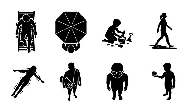 Top View Silhouette Icons: Beach Activities, Relaxation, and Recreation Set, 8 Vector Elements for Summer Lifestyle Graphics