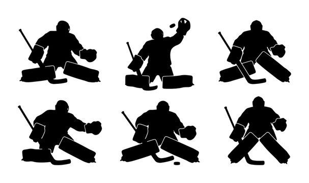 Hockey Goalie Silhouettes: Action Poses, Goaltender Saves, Ice Sport Vector Set, Goalie Equipment, Dynamic Pucks and Stick