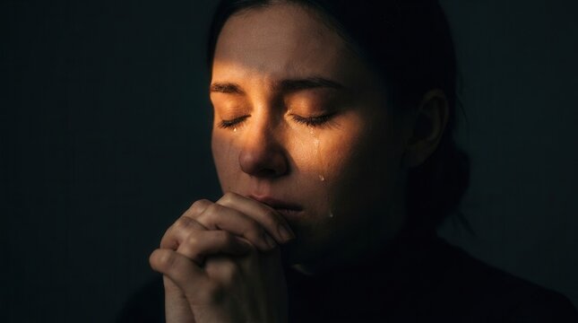 Emotionally reflective woman with hands clasped in prayer and tears streaming down her face