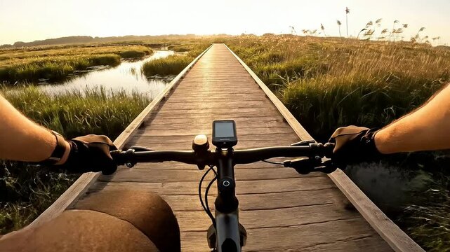 POV Shot From A Cyclist Riding Across A Wooden Boardwalk Surrounded By Lush Greenery And Wetland Scenery During Sunset