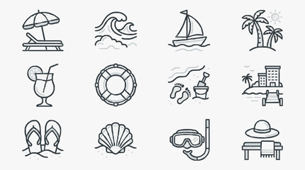 Dynamic Black and White Line Art Icons of Beach and Vacation Essentials for Travel and Relaxation Themes © Wusu