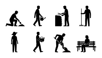 Fototapeta premium Gardening Silhouette Icons Set: Planting, Watering, Pruning, Sweeping, Carrying, Mowing, Resting, Vector Graphics for Outdoor Activities