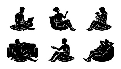 Obraz premium Relaxed Lifestyle Silhouettes: People Sitting Comfortably on Beanbags, Sofa, and Floor, Engaging in Leisure Activities, Vector Set