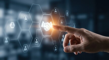 Obraz premium Business ecosystem and strategic partnership concept featuring a digital handshake icon.