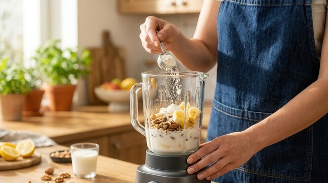 Woman adding a scoop of protein powder to a blender with fruit and milk for a healthy smoothie.