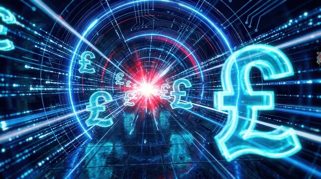 Futuristic digital tunnel with pound symbols and glowing data streams.