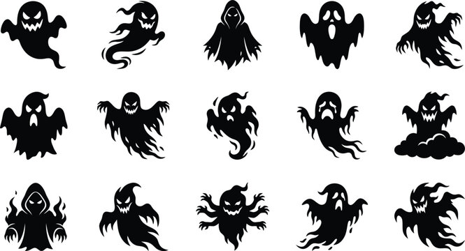 Collection of creepy ghost silhouettes isolated for halloween horror themed decoration.