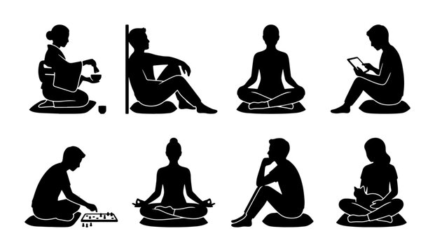 Diverse Silhouettes of People Meditating, Reading, and Engaging in Leisure Activities, Vector Icons Set for Wellness and Lifestyle Concepts