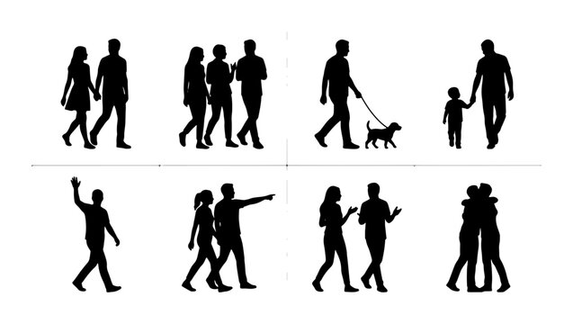 Diverse Silhouettes of People Walking, Couples, Family, and Dog Walker, Vector Icons for Lifestyle and Community Themes