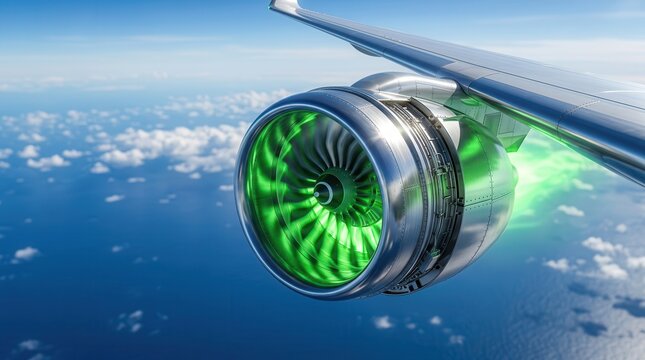Futuristic jet engine with bright green biofuel flames powering flight above ocean clouds.
