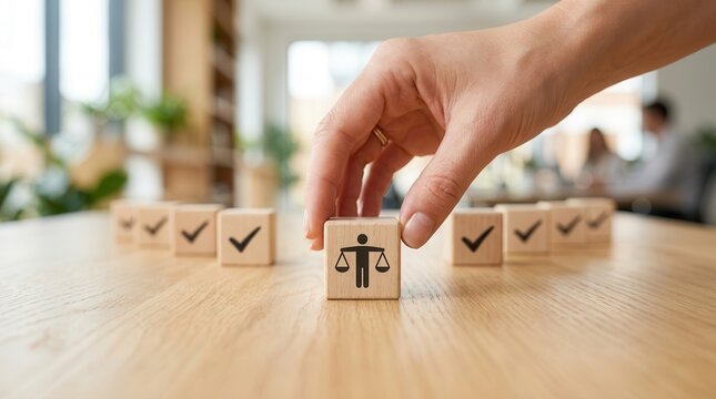 A hand placing a wooden block with a scales icon to represent business ethics and compliance.