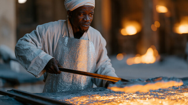 Ghanaian recycled aluminum smelter worker in protective apron skimming dross from furnace surface, secondary metallurgy plant interior, industrial heat shimmer, circular metals
