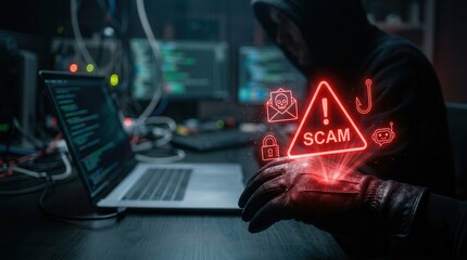 Fototapeta na wymiar AI-powered scam concept with a red warning alert and cyber criminal icons