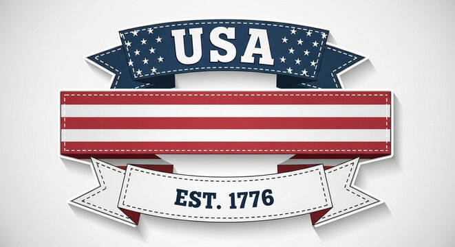 A patriotic emblem featuring the stars and stripes of the American flag prominently displays "USA" atop a banner with "EST. 1776" below, evoking national pride and historical significance