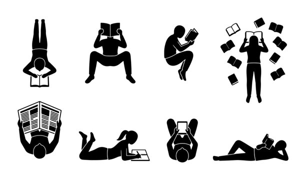 Diverse Reading Poses Vector Icons, People Enjoying Books and E-readers, Silhouette Collection for Education and Leisure