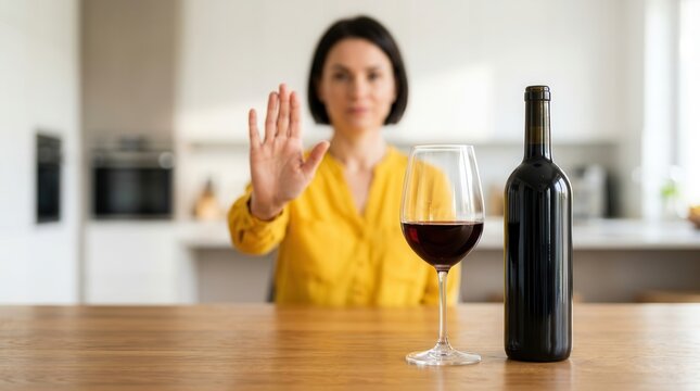 A person making a stop gesture while refusing a glass of red wine for sobriety.