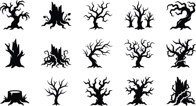 Spooky dead trees silhouettes with twisted branches old stumps and thorny briar thickets.
