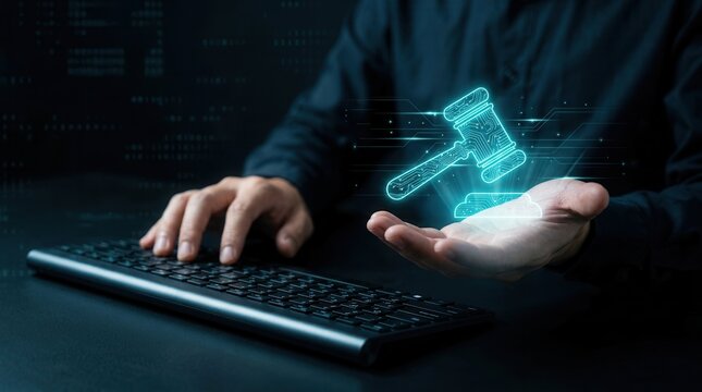 Person using a keyboard while holding a virtual digital gavel icon representing computer laws.