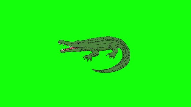 A large fierce green crocodile with detailed scales, textured back ridges and wide open mouth showing sharp white teeth  with powerful gait on solid bright lime green bacground.