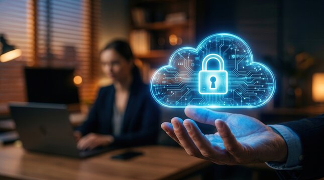 Secure cloud computing concept with protected data storage and digital network interface.