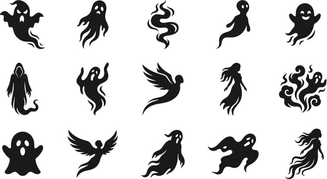Black ghost silhouettes collection including spooky phantoms spirits and ghastly specters.